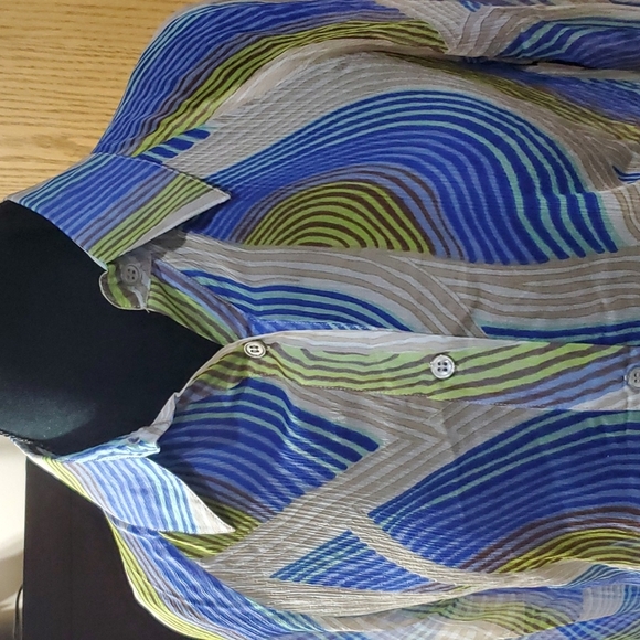 2OH silk blue green sheer color wave asymmetric long sleeve shirt - Picture 2 of 7